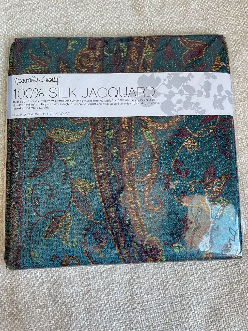 Naturally Knotty 100% Silk Jacquard Scarf Wrap Teal Brown Fringe 26 x 77” NWT